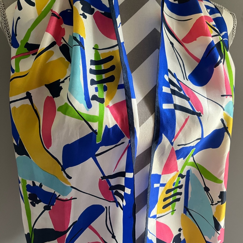 Colorful Abstract Vintage Silk Print Scarf - 52” l x 11” w - Picture 3 of 8